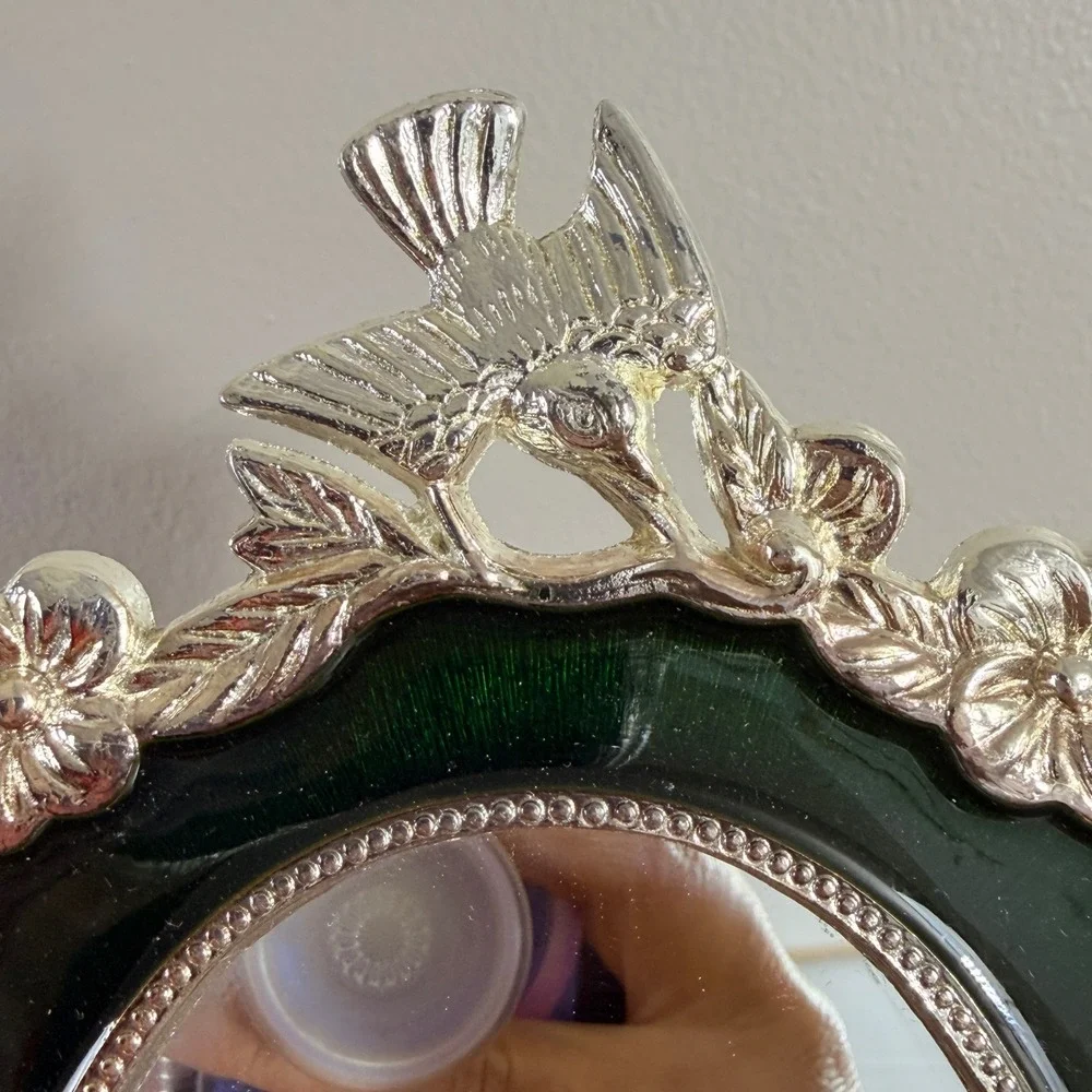 Vintage Emerald Green Silver Bird Picture Frame Made Taiwan R.O.C. Floral Oval